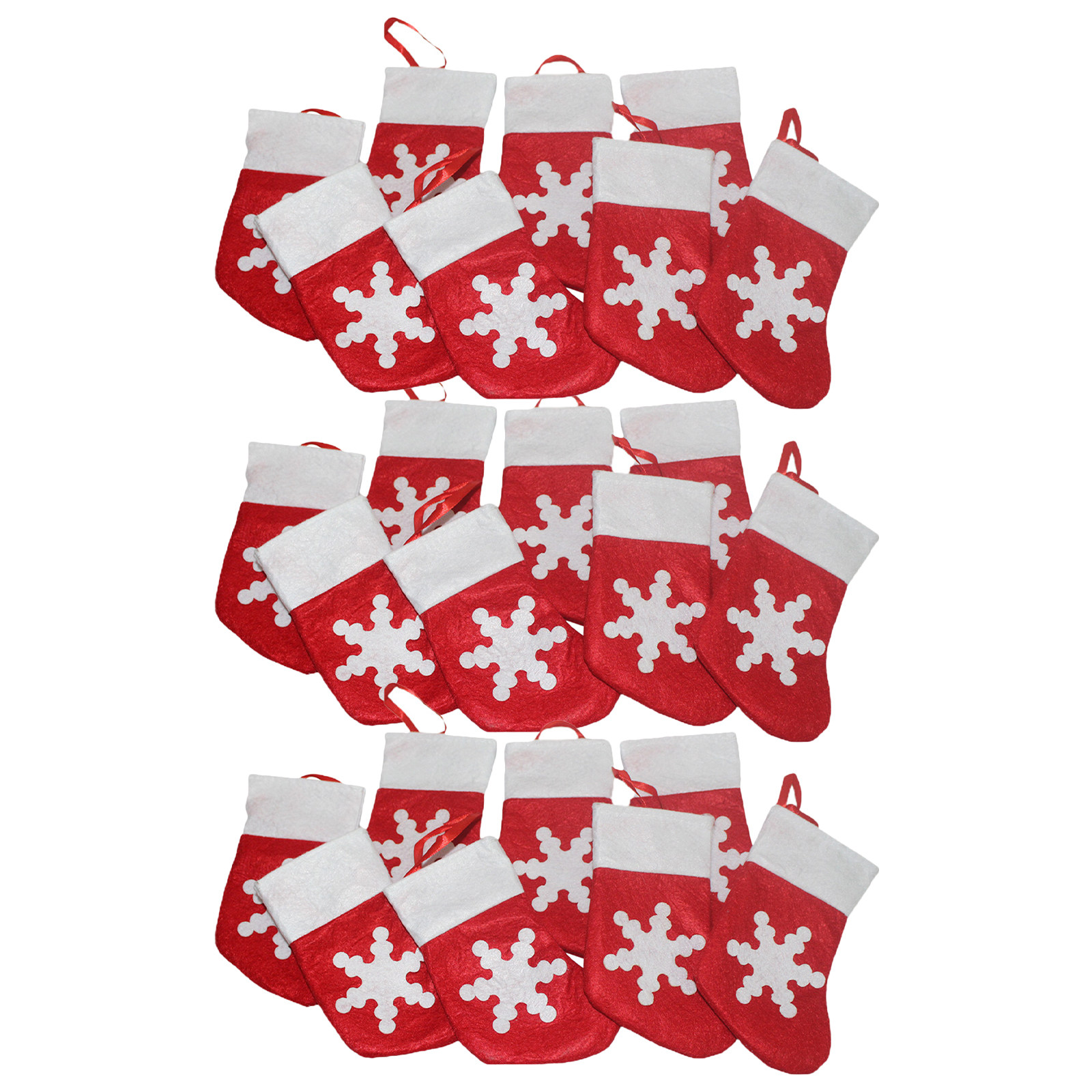 Christmas Stocking Hanging - ถุงคริสต์มาสขนาดเล็ก 24 ชิ้น พร้อมของตกแต่งรูปเกล็ดหิมะทำจากผ้าสักหลาดและริบบิ้นสีแดง สำหรับแขวนต้นไม้ ผนัง