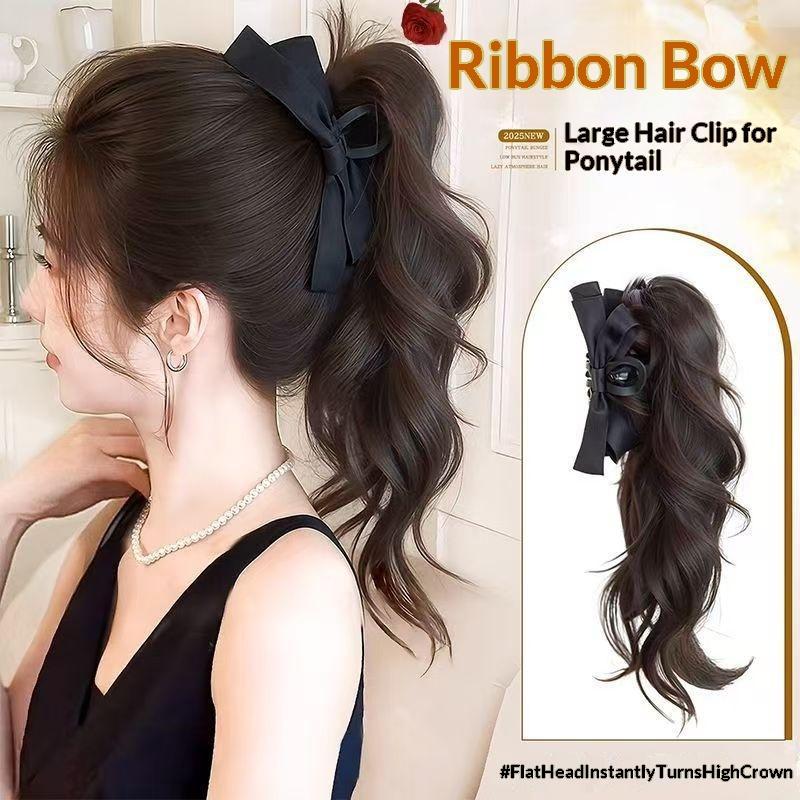 Ribbon Bow Gift - วิกผมหางม้าแบบหนีบ 14 นิ้ว พร้อมโบว์ผูก ขนฟูสังเคราะห์ ริบบิ้นหนีบ