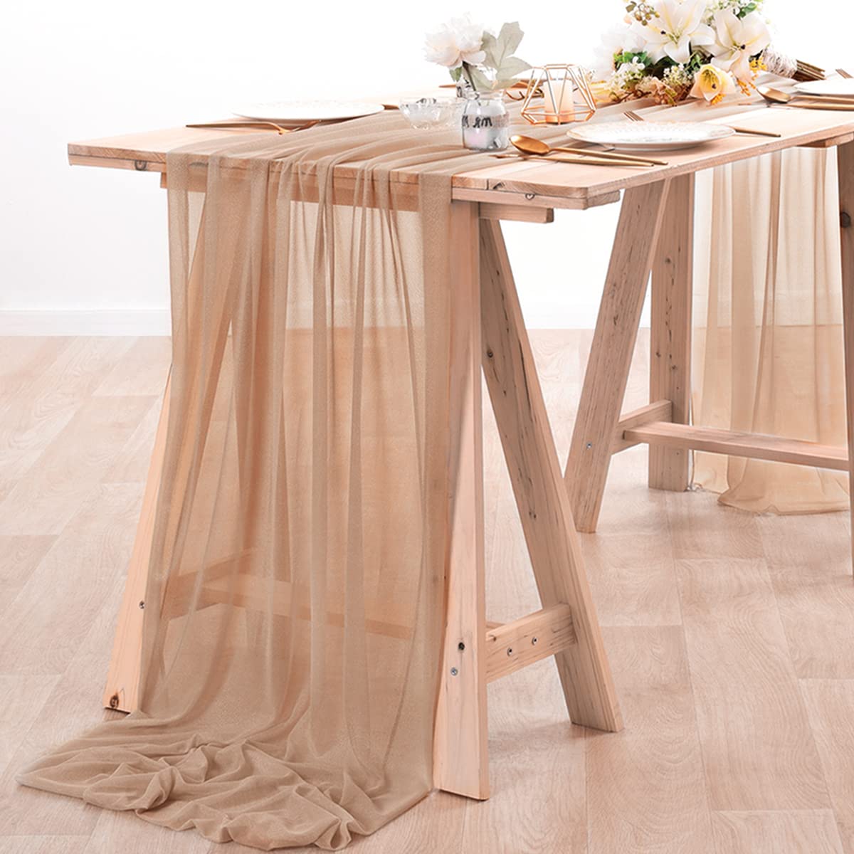 Christmas Table Runner - ชีฟองตาราง Runner Nude Sheer ผ้าผ้าไหมจัดงานแต่งงานซ้อนทับ Draping