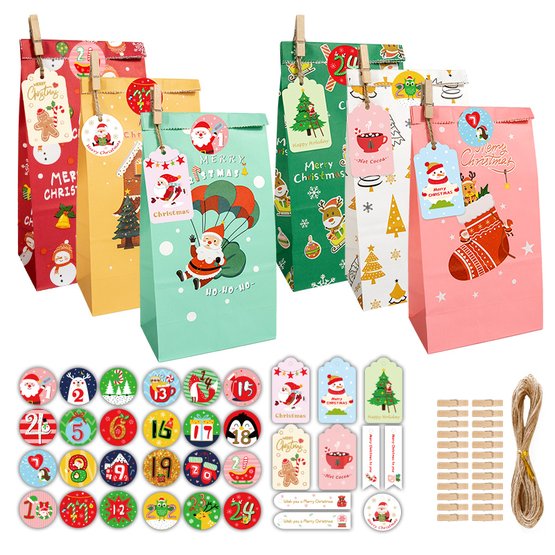 Advent Calendar Gift - 24 ชุด ปฏิทินนับถอยหลังวันคริสต์มาส ถุงของขวัญซานตาคลอส พร้อมคลิป สติกเกอร์