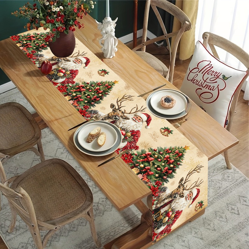 Christmas Table Runner - ผ้าปูโต๊ะคริสต์มาสสไตล์วินเทจ ลายเรโทรซานตาคลอส ของตกแต่งคริสต์มาสสำหรับบ้าน ปี 2025 ของขวัญคริสต์มาส