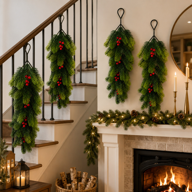 Christmas Tree Artificial - พุ่มสนประดิษฐ์แบบแขวนเดี่ยว ตกแต่งด้วยผลเบอร์รี่สีแดงสดและโคนสนธรรมชาติ ต้นสนประดับคริสต์มาสสีเขียวเสมือนจริง